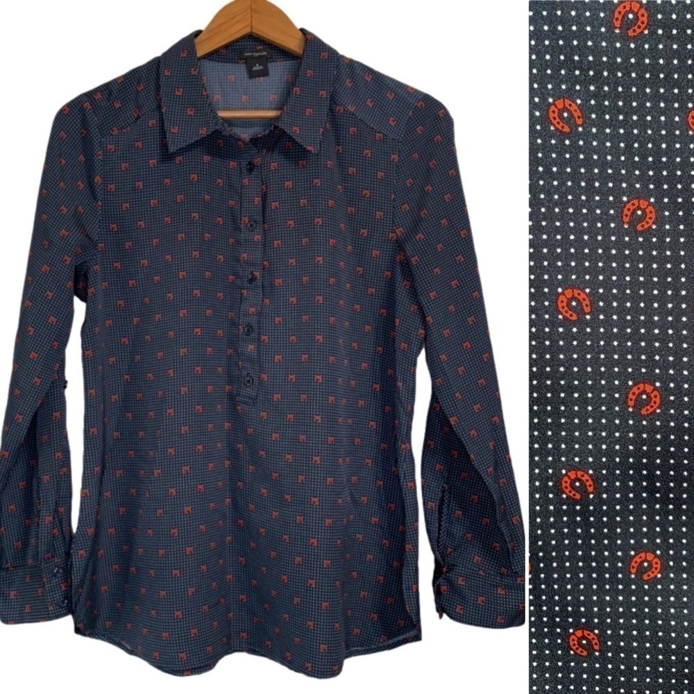 ANN Taylor navy polkadot horseshoe half-button blouse long sleeve top